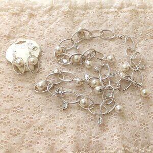 Vintage NEW True Handmade Pearl & Clear Glass Beads Silver Tone Necklace